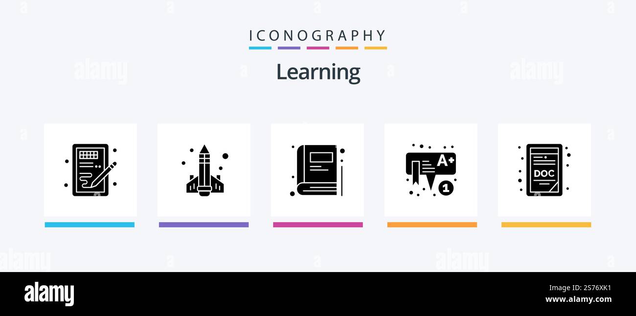 Learning Glyph 5 Icon Pack Including doc. learning. learning. kids. education. Creative Icons Design Stock Vector