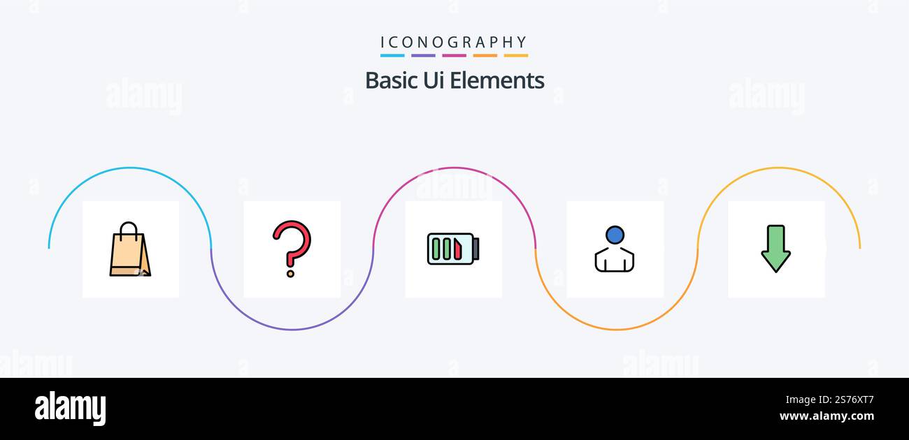 Basic Ui Elements Line Filled Flat 5 Icon Pack Including down. arrow. charge. person. male Stock Vector