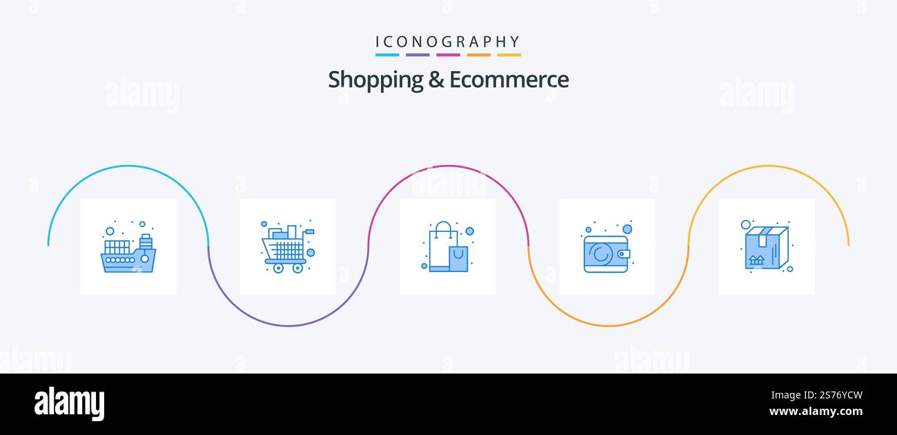 Shopping And Ecommerce Blue 5 Icon Pack Including pack. wallet. cart. money. offer Stock Vector