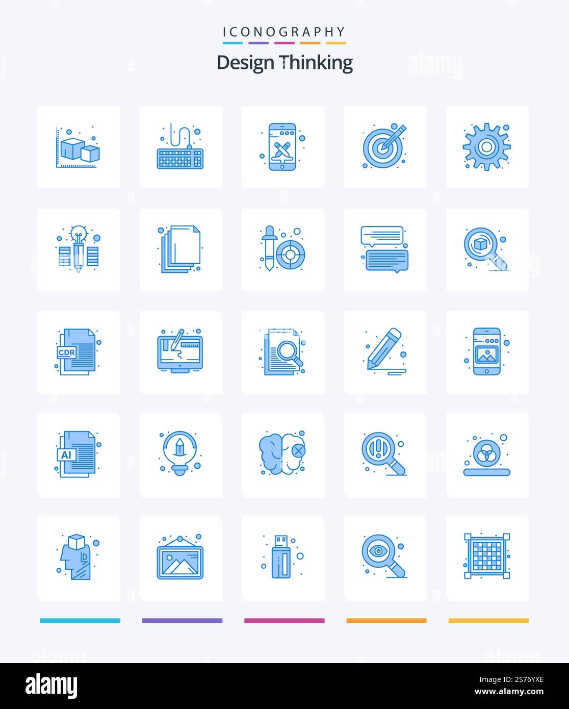 Creative Design Thinking 25 Blue icon pack  Such As cog. target. tools. illustration. tools Stock Vector