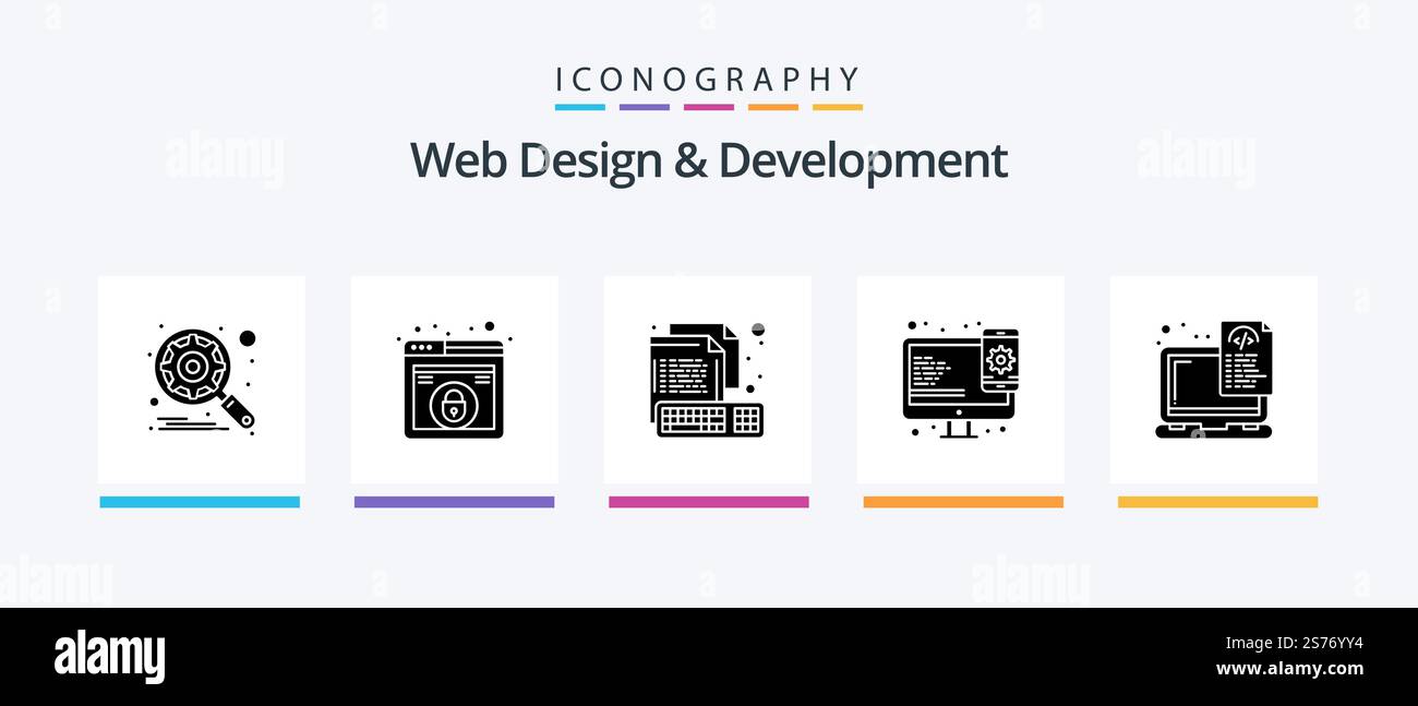 Web Design And Development Glyph 5 Icon Pack Including device. web. coding. responsive. file. Creative Icons Design Stock Vector