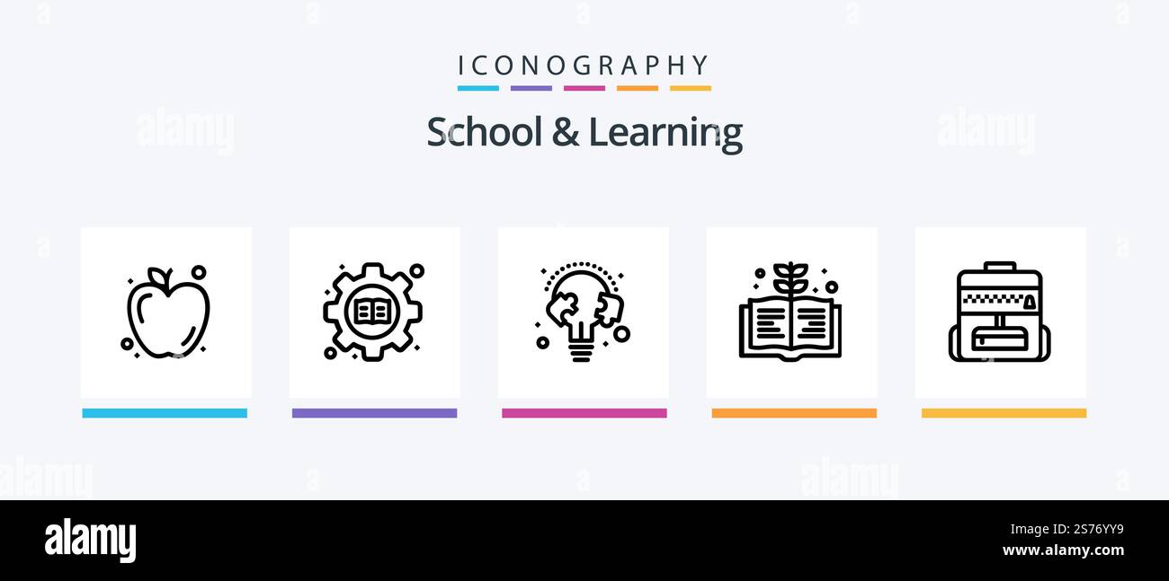 School And Learning Line 5 Icon Pack Including . pencile. study. mind. cap. Creative Icons Design Stock Vector