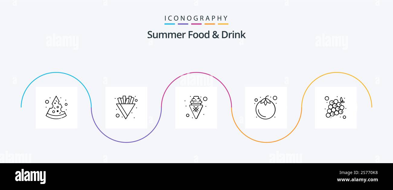 Summer Food and Drink Line 5 Icon Pack Including grape. grapes. dessert ...