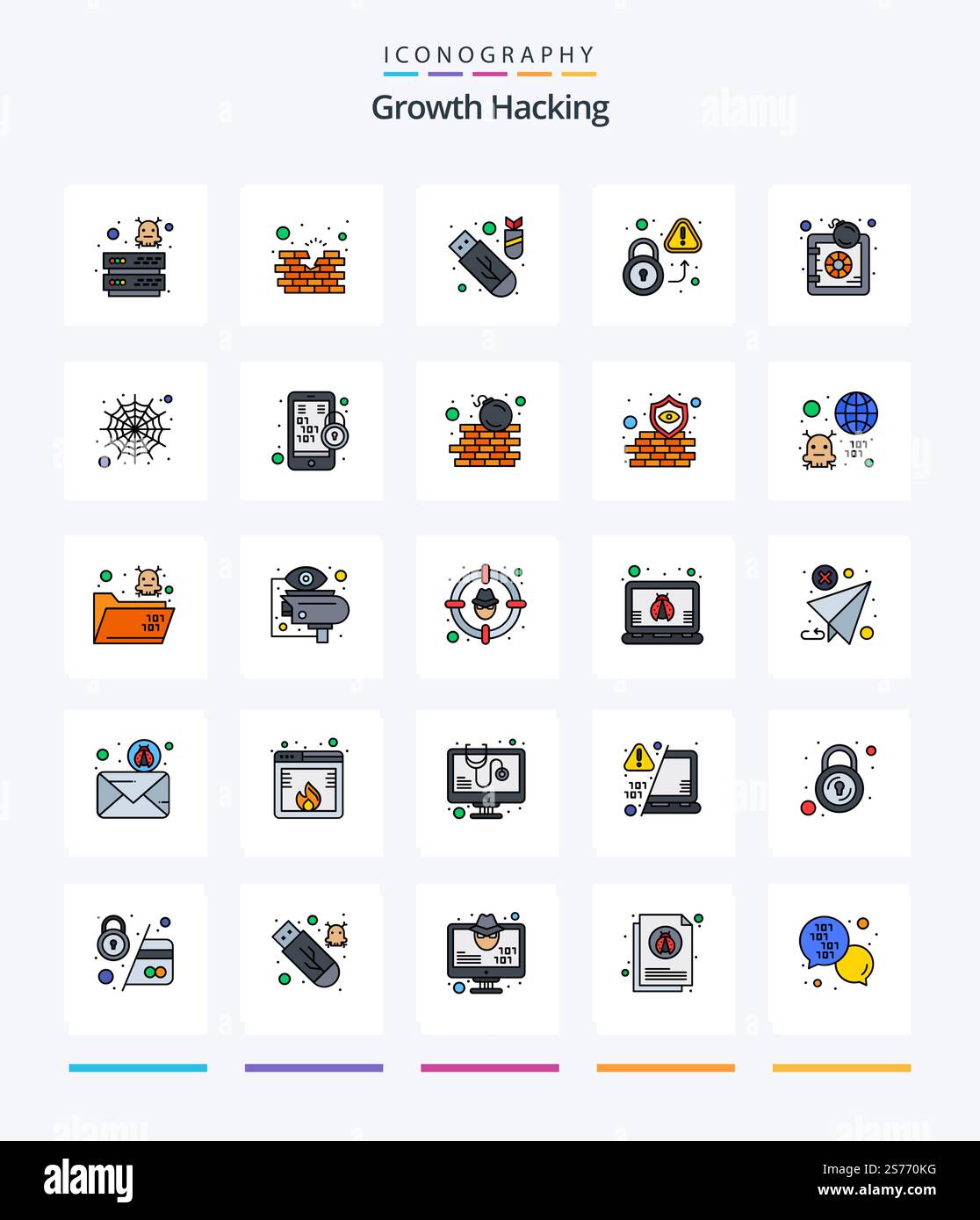Creative Hacking 25 Line FIlled icon pack  Such As virus. unlock. wall. secured. ddos Stock Vector