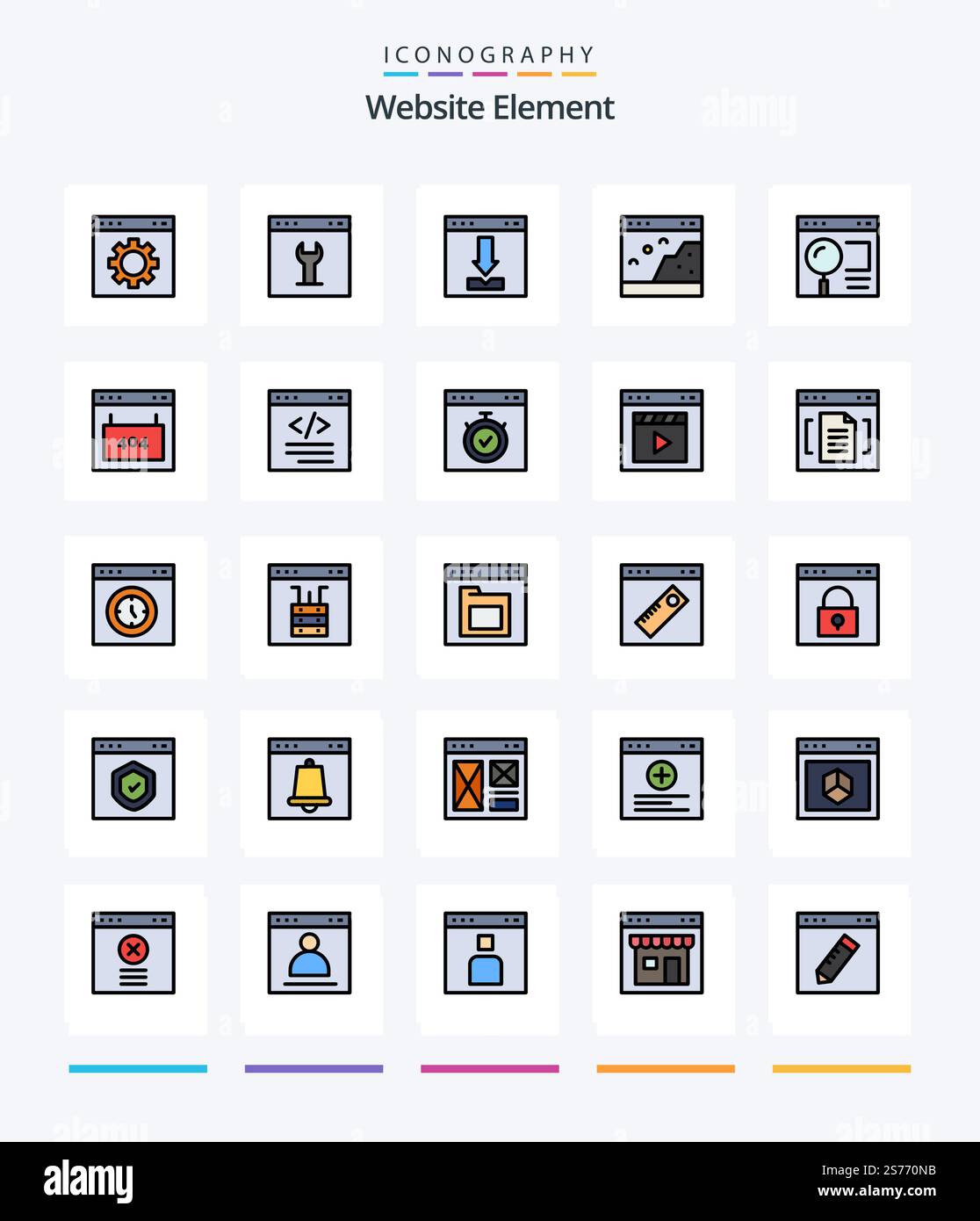 Creative Website Element 25 Line FIlled icon pack  Such As page. browser. interface. picture. page Stock Vector