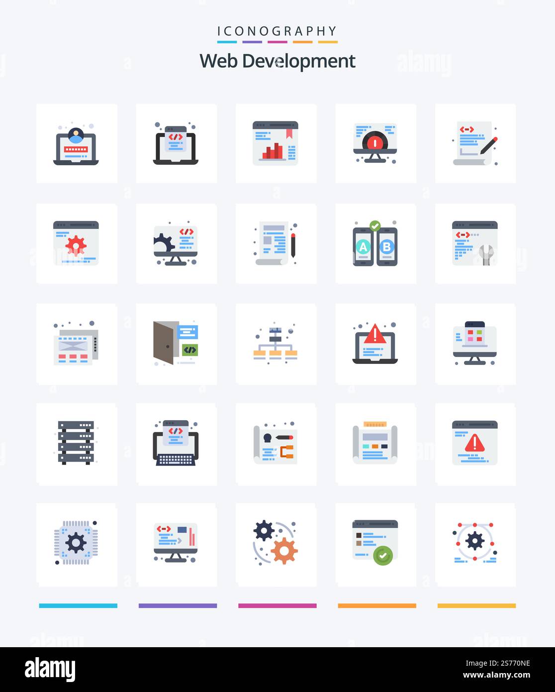 Creative Web Development 25 Flat icon pack  Such As language. serving. chart. website. speed Stock Vector