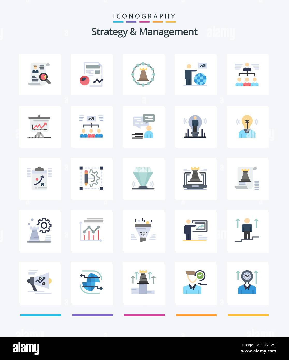 Creative Strategy And Management 25 Flat icon pack  Such As user. man. analytics. strategy. tower Stock Vector