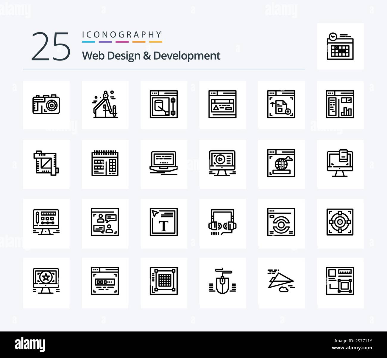 Web Design And Development 25 Line icon pack including . web . interface . web Stock Vector