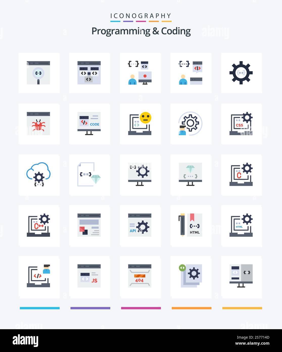 Creative Programming And Coding 25 Flat icon pack  Such As bug. app. development. process. develop Stock Vector