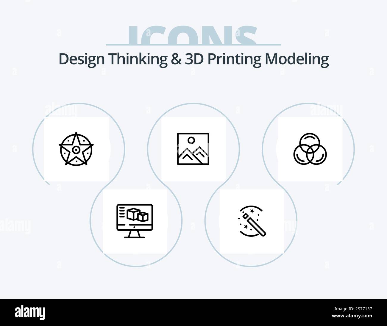 Design Thinking And D Printing Modeling Line Icon Pack 5 Icon Design. d modeld. project. brosher. satanic. computing Stock Vector