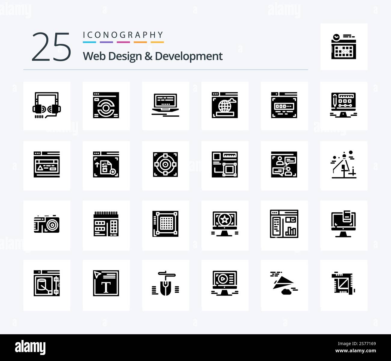 Web Design And Development 25 Solid Glyph icon pack including . internet . refresh. browser . design Stock Vector