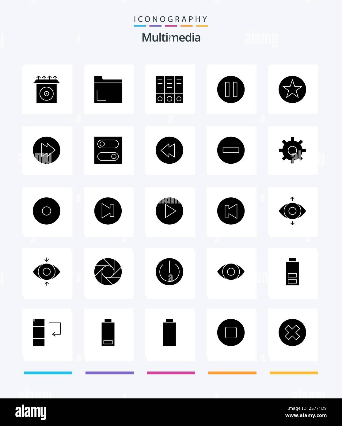 Creative Multimedia 25 Glyph Solid Black icon pack  Such As switch. multimedia. documents. forward. multimedia Stock Vector