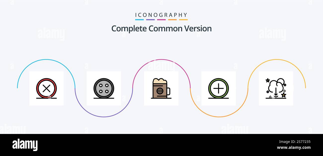 Complete Common Version Line Filled Flat 5 Icon Pack Including create. add. shirt. glass. beverage Stock Vector