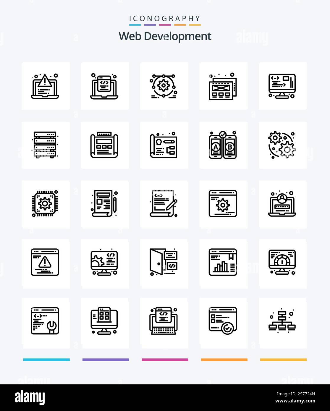 Creative Web Development 25 OutLine icon pack  Such As web. development. web. data. mockup design Stock Vector