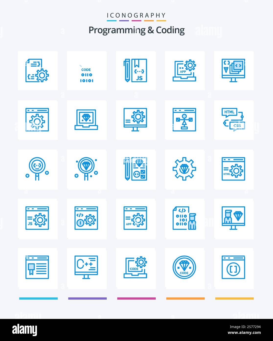 Creative Programming And Coding 25 Blue icon pack  Such As development. coding. development. programming. develop Stock Vector