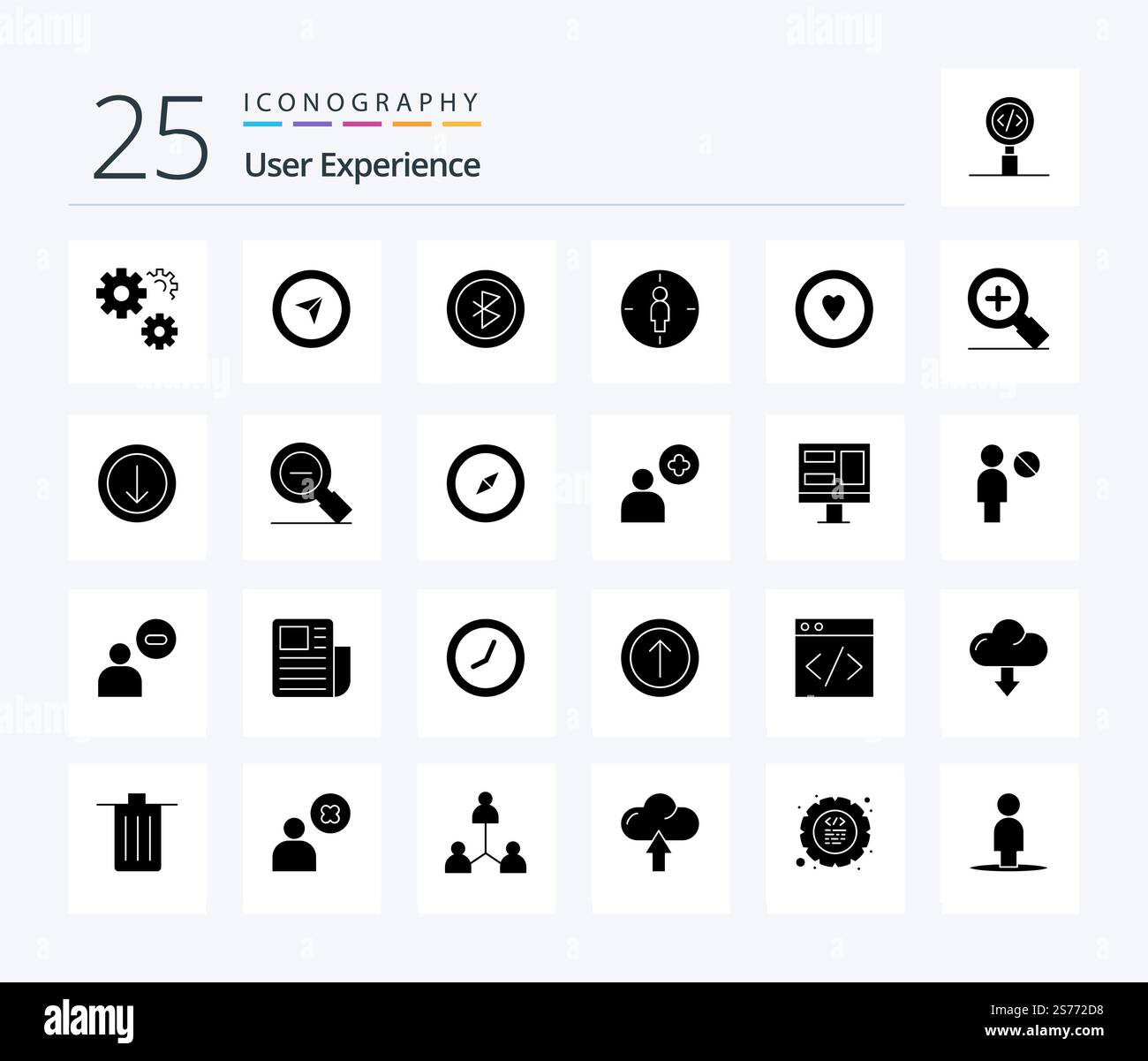User Experience 25 Solid Glyph icon pack including target. male . pointer. man . signal Stock Vector