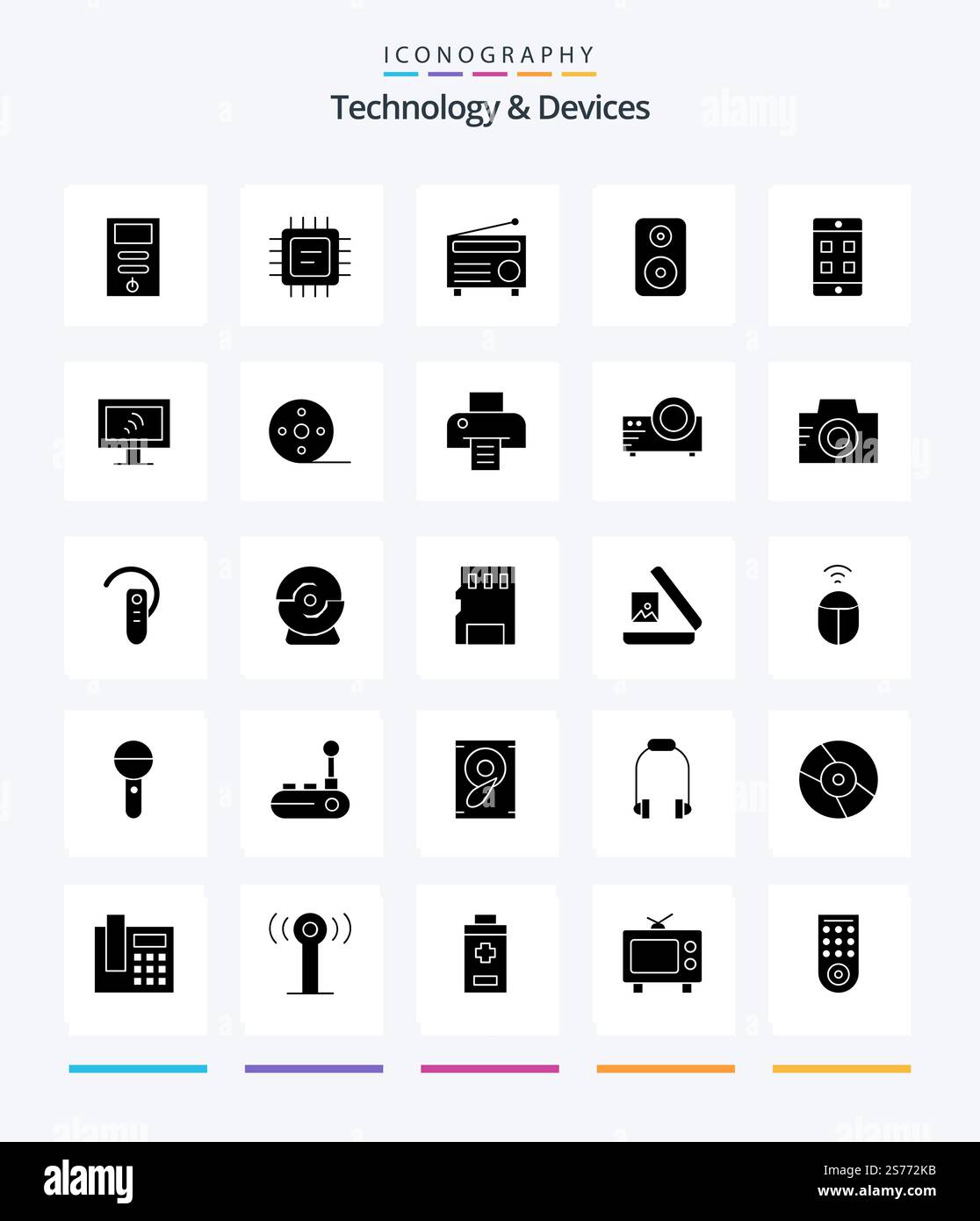 Creative Devices 25 Glyph Solid Black icon pack  Such As computer. cell. fm. mobile. woofer Stock Vector