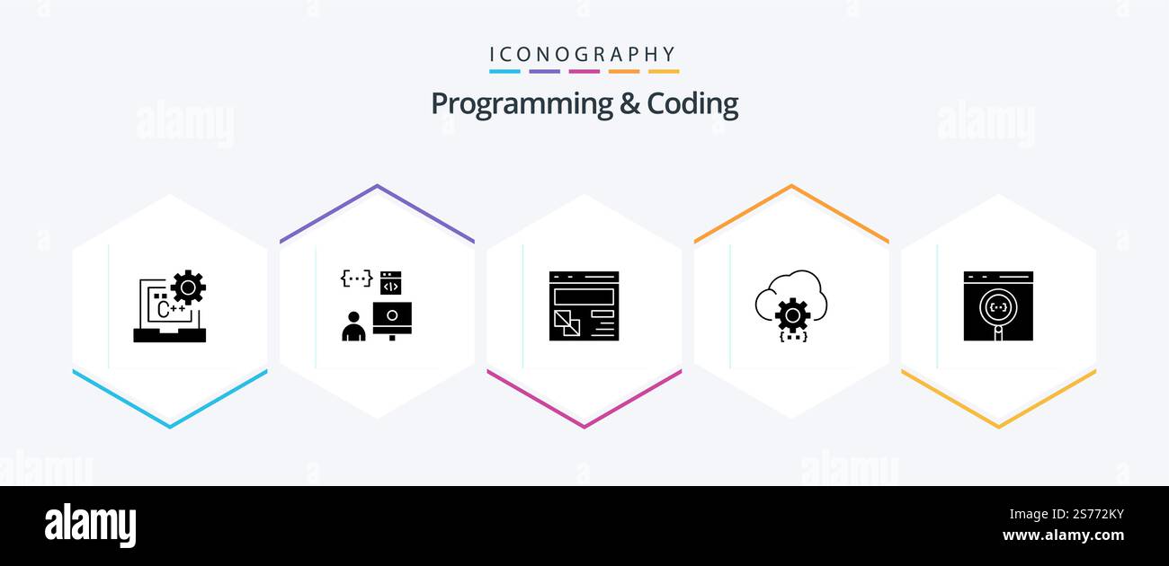 Programming And Coding 25 Glyph icon pack including develop. cloud. development. webpage. development Stock Vector