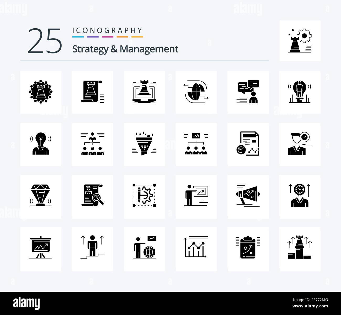 Strategy And Management 25 Solid Glyph icon pack including internet. connect. planning. strategy. fort Stock Vector