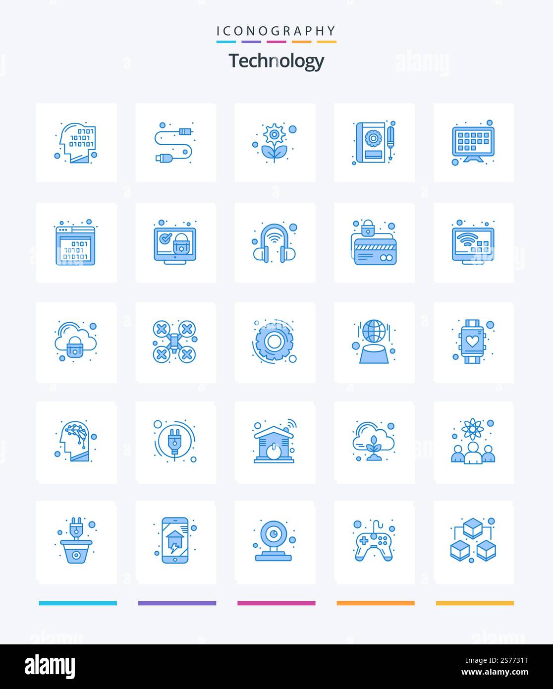 Creative Technology 25 Blue icon pack  Such As internet. repair. recycling. manual. book Stock Vector