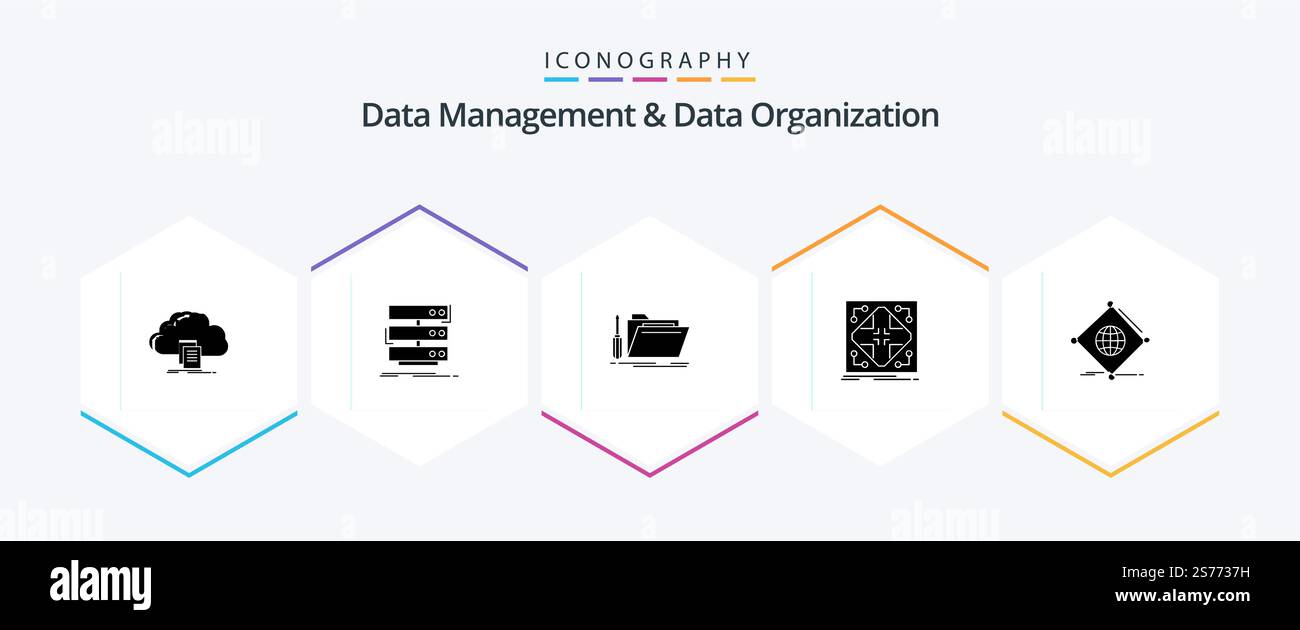 Data Management And Data Organization 25 Glyph icon pack including network. data. database. service. repair Stock Vector