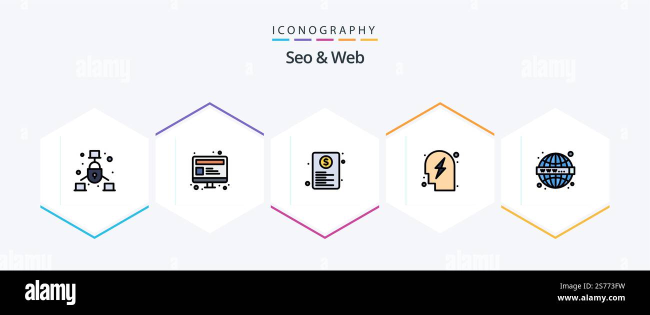 Seo and Web 25 FilledLine icon pack including seo. strategy. document. planning. web Stock Vector