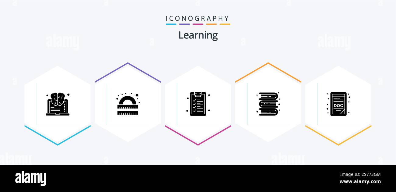 Learning 25 Glyph icon pack including doc extension. learning. study. knowledge. books Stock Vector