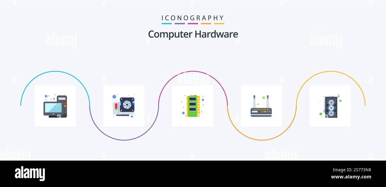 Computer Hardware Flat 5 Icon Pack Including hardware. computer. hardware. wifi. modem Stock Vector