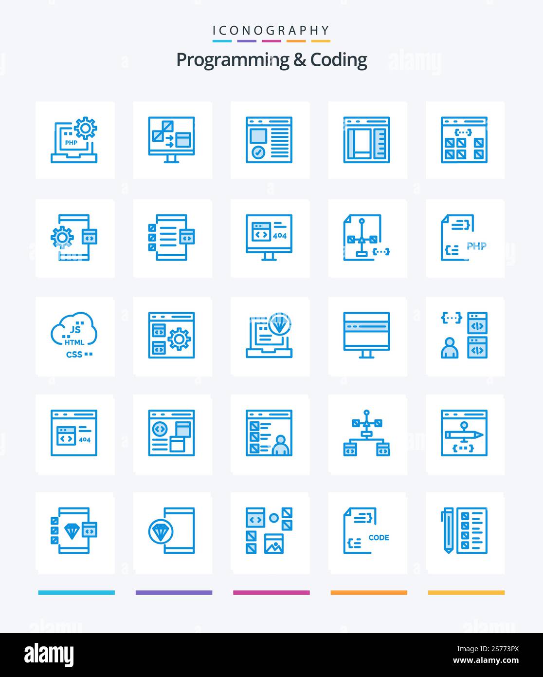 Creative Programming And Coding 25 Blue icon pack  Such As develop. app. develop. page. develop Stock Vector