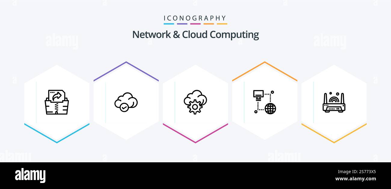 Network And Cloud Computing 25 Line icon pack including technology. electronic. gear. device. computer Stock Vector