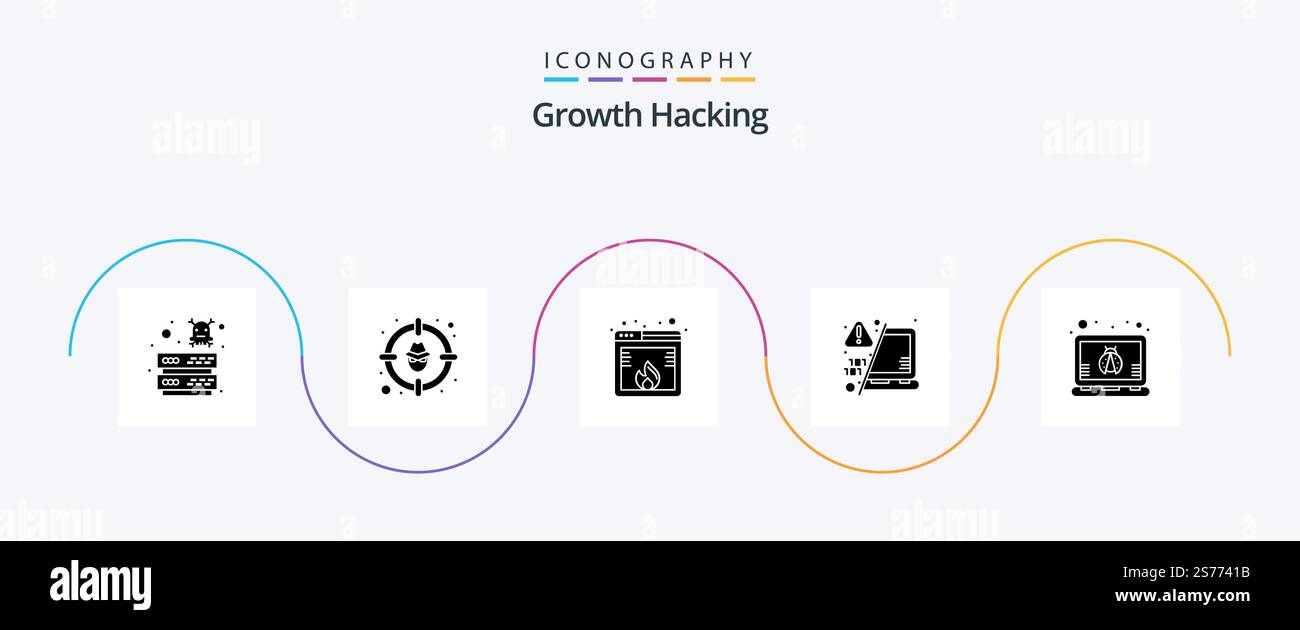 Hacking Glyph 5 Icon Pack Including transfer. decode. protection. website. hacking Stock Vector