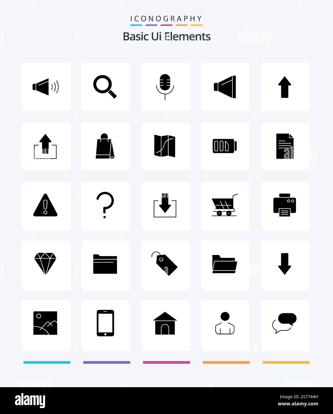 Creative Basic Ui Elements 25 Glyph Solid Black icon pack  Such As up. arrow. mic. volume. sound Stock Vector