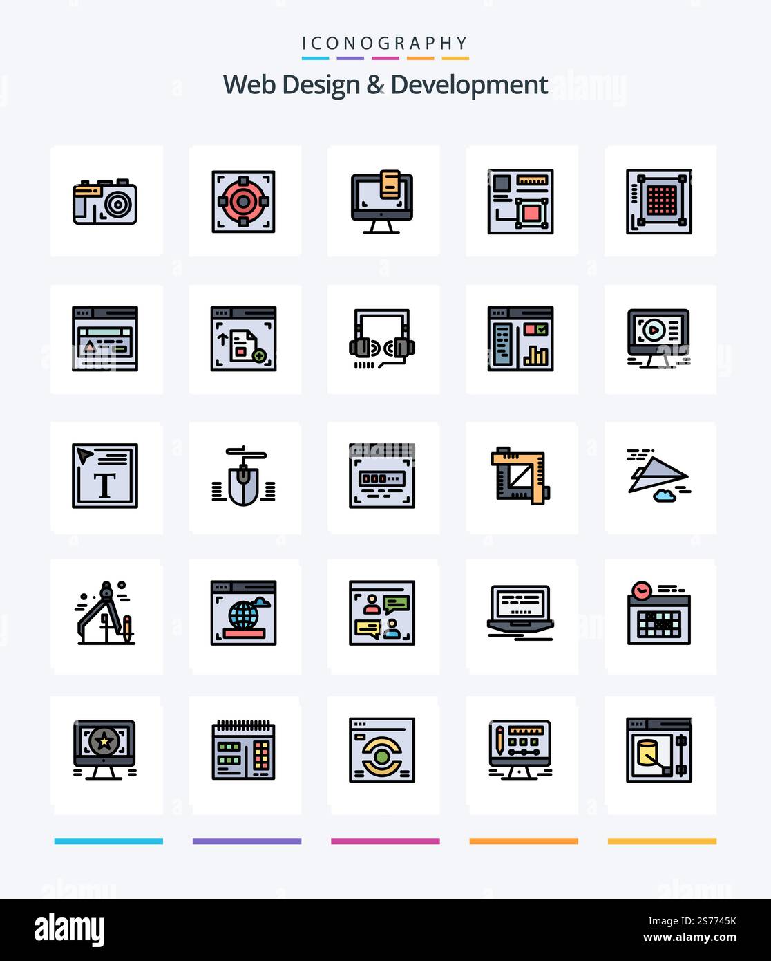 Creative Web Design And Development 25 Line FIlled icon pack  Such As grid. web. computer. digital. browser Stock Vector