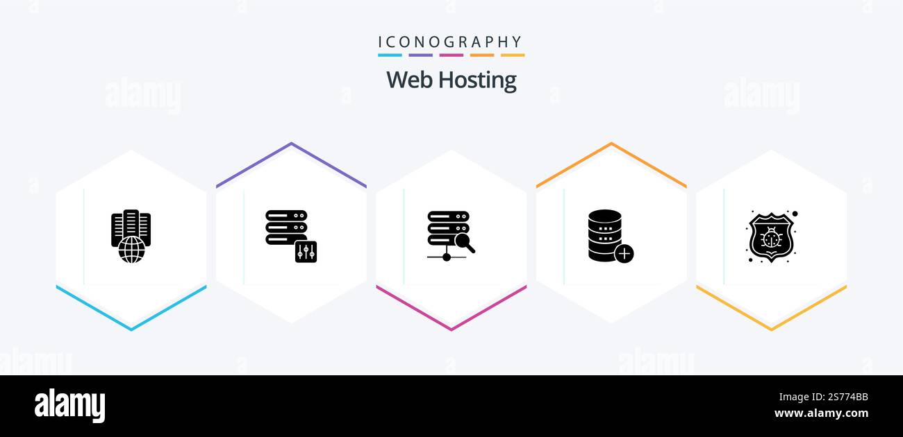 Web Hosting 25 Glyph icon pack including storage . server . server. database . search Stock Vector