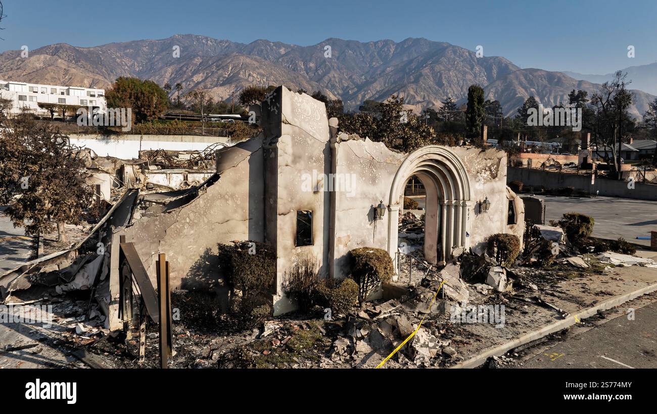 Drone view of the community of Altadena after the Eaton Fire destroyed ...