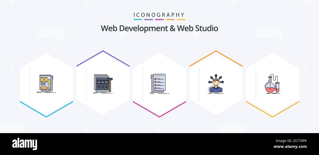 Web Development And Web Studio 25 FilledLine icon pack including options. conversion. webpage. to do. list Stock Vector