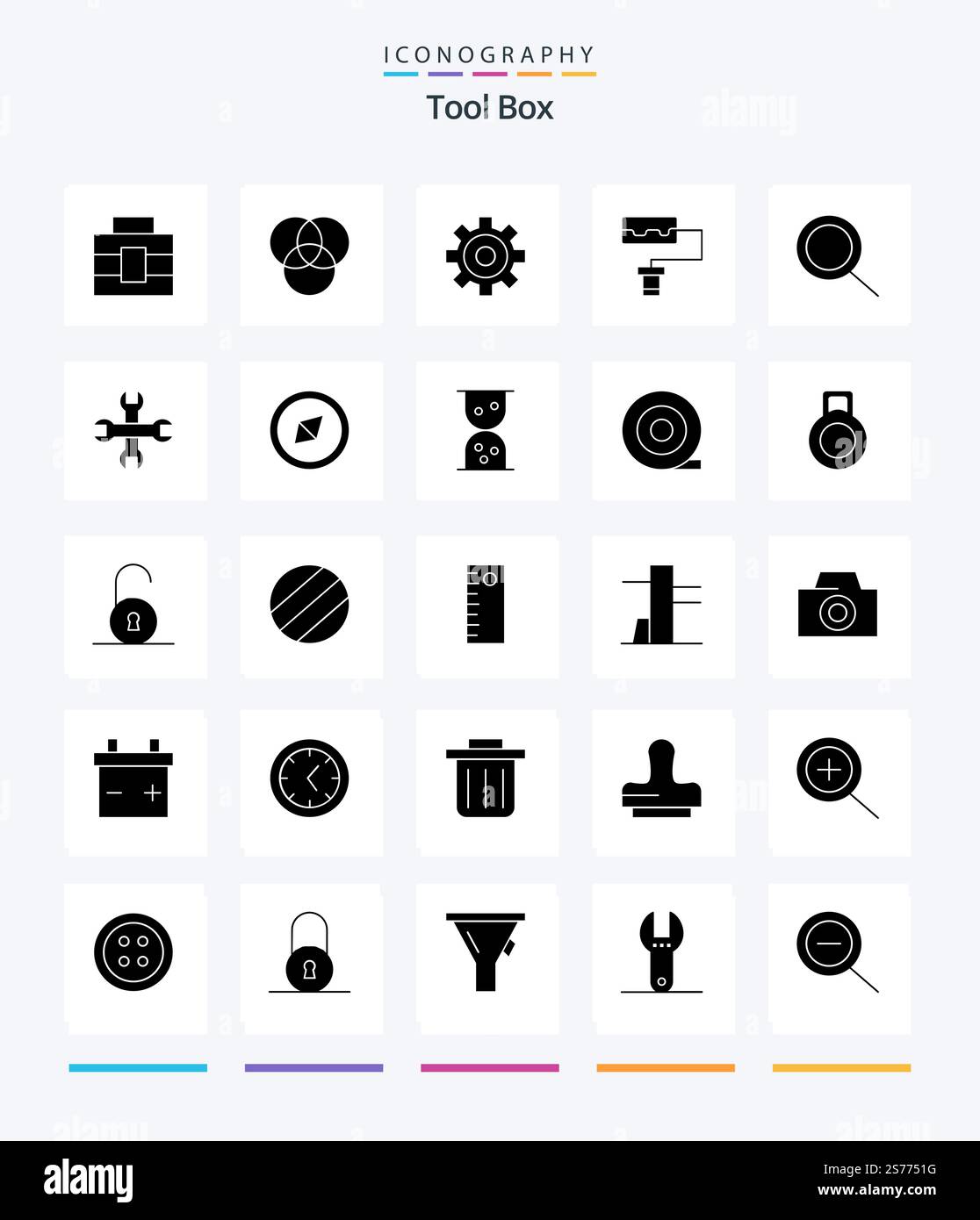 Creative Tools 25 Glyph Solid Black icon pack  Such As dumbbell. sand clock. zoom. symbol. compass Stock Vector