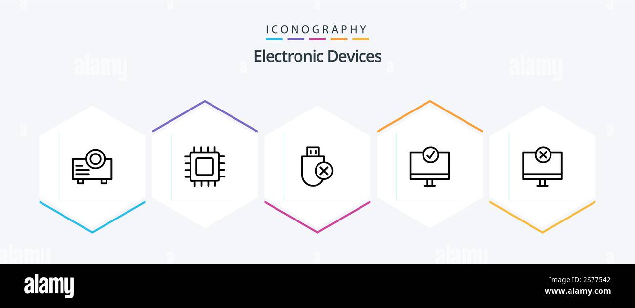 Devices 25 Line icon pack including hardware. devices. computers. connected. stick Stock Vector
