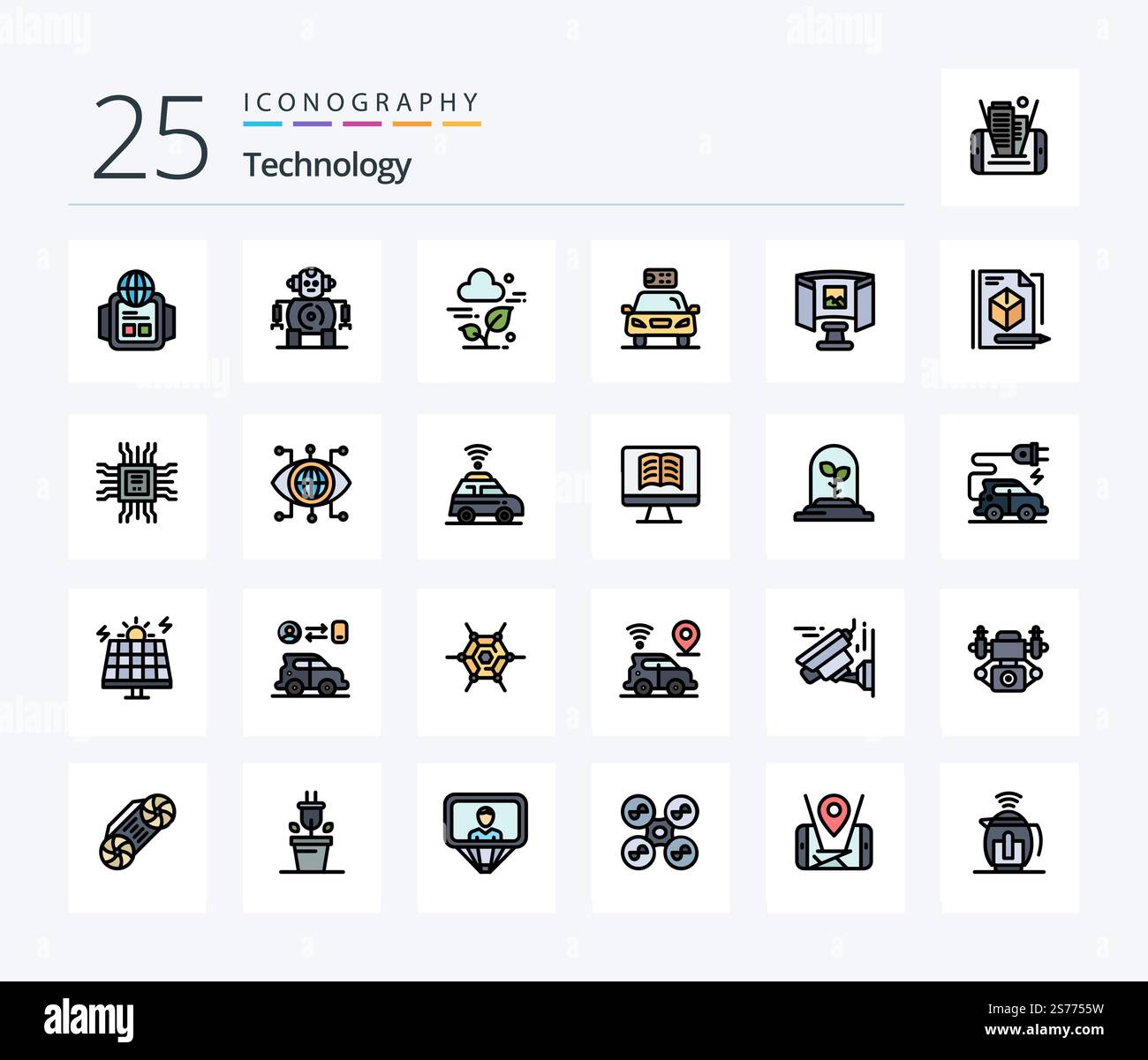Technology 25 Line Filled icon pack including science. future. leaf. power. electric Stock Vector