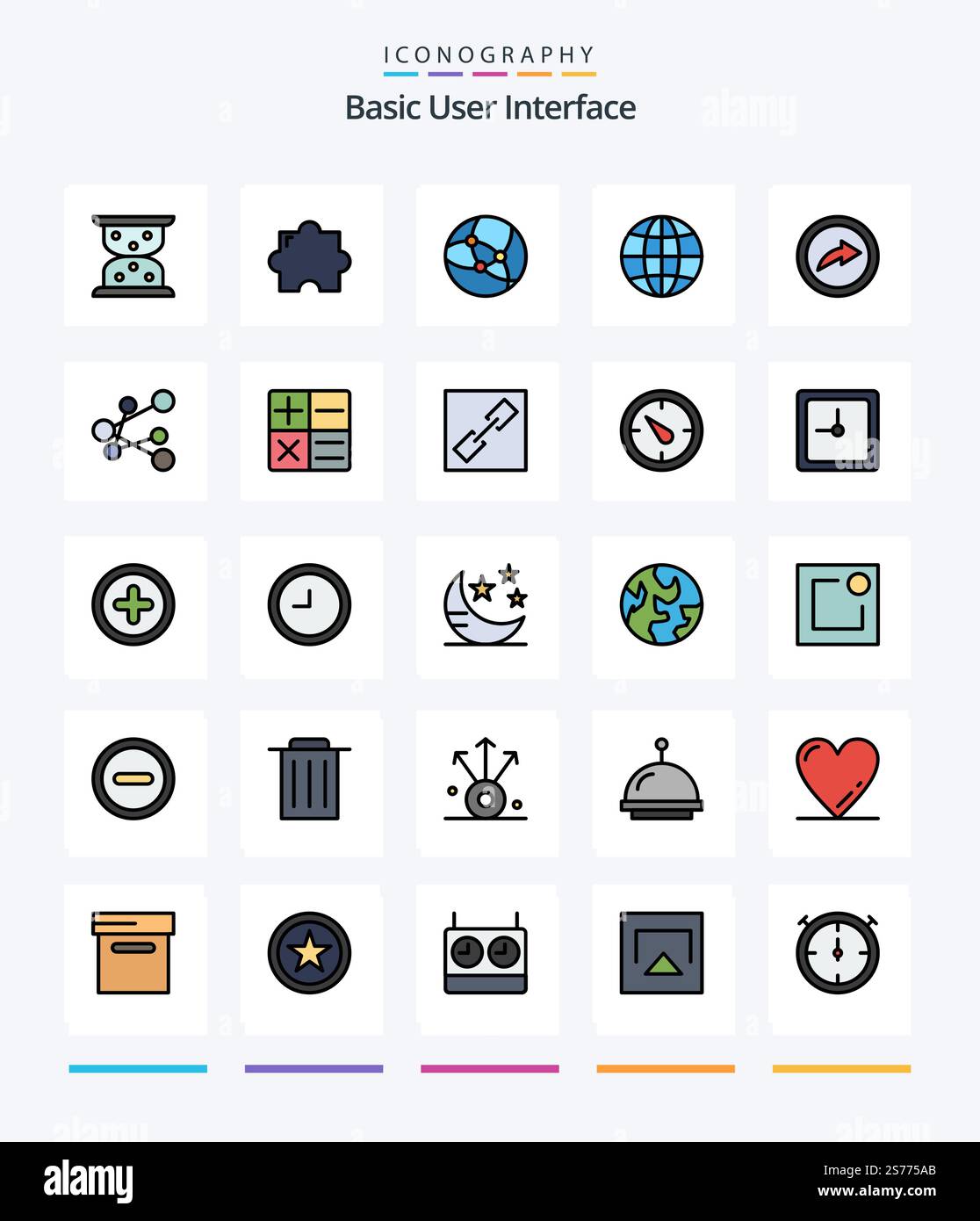 Creative Basic 25 Line FIlled icon pack  Such As chain. calculator. web. share. export Stock Vector