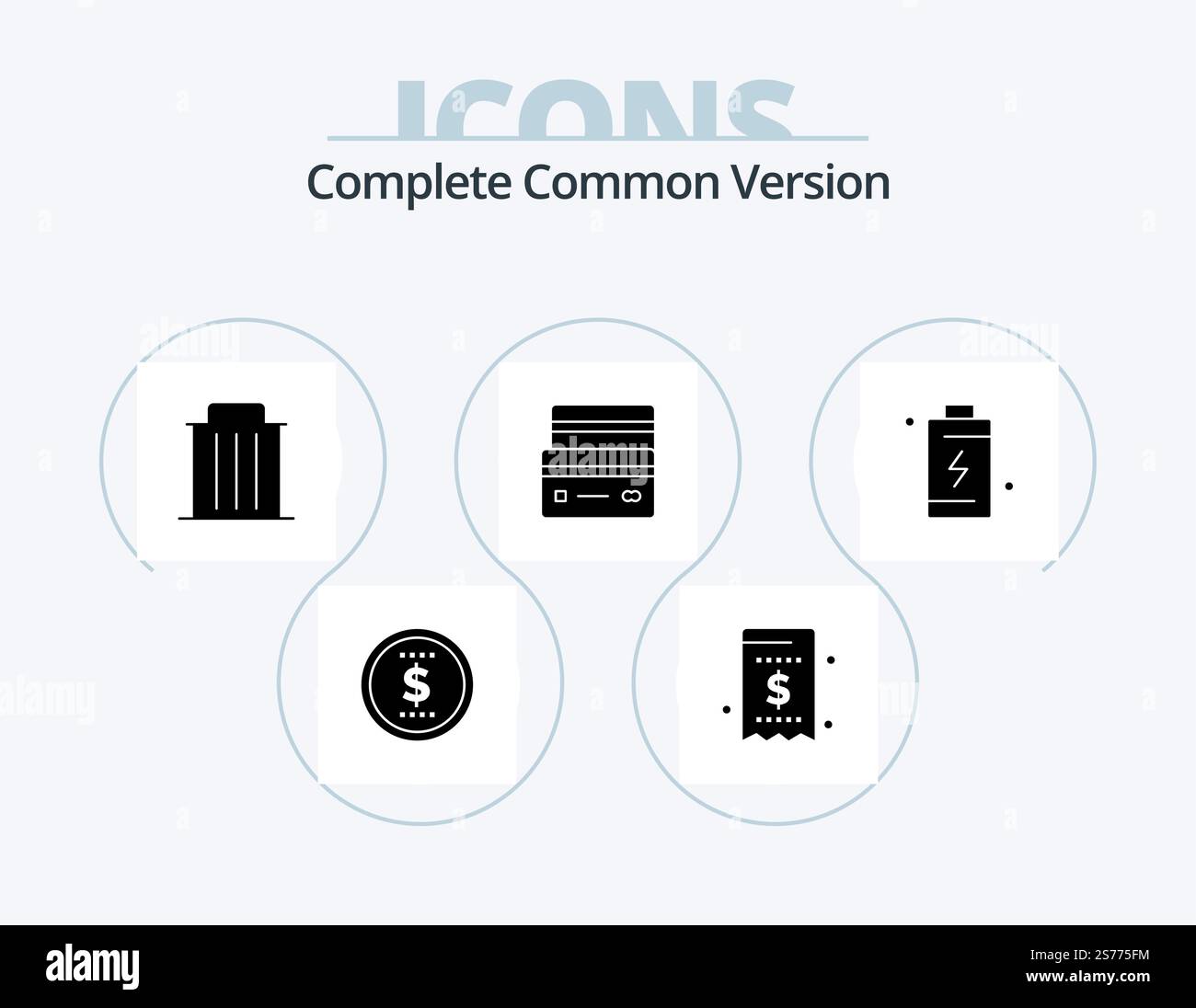 Complete Common Version Glyph Icon Pack 5 Icon Design. shopping. debit. delete. credit. trash Stock Vector
