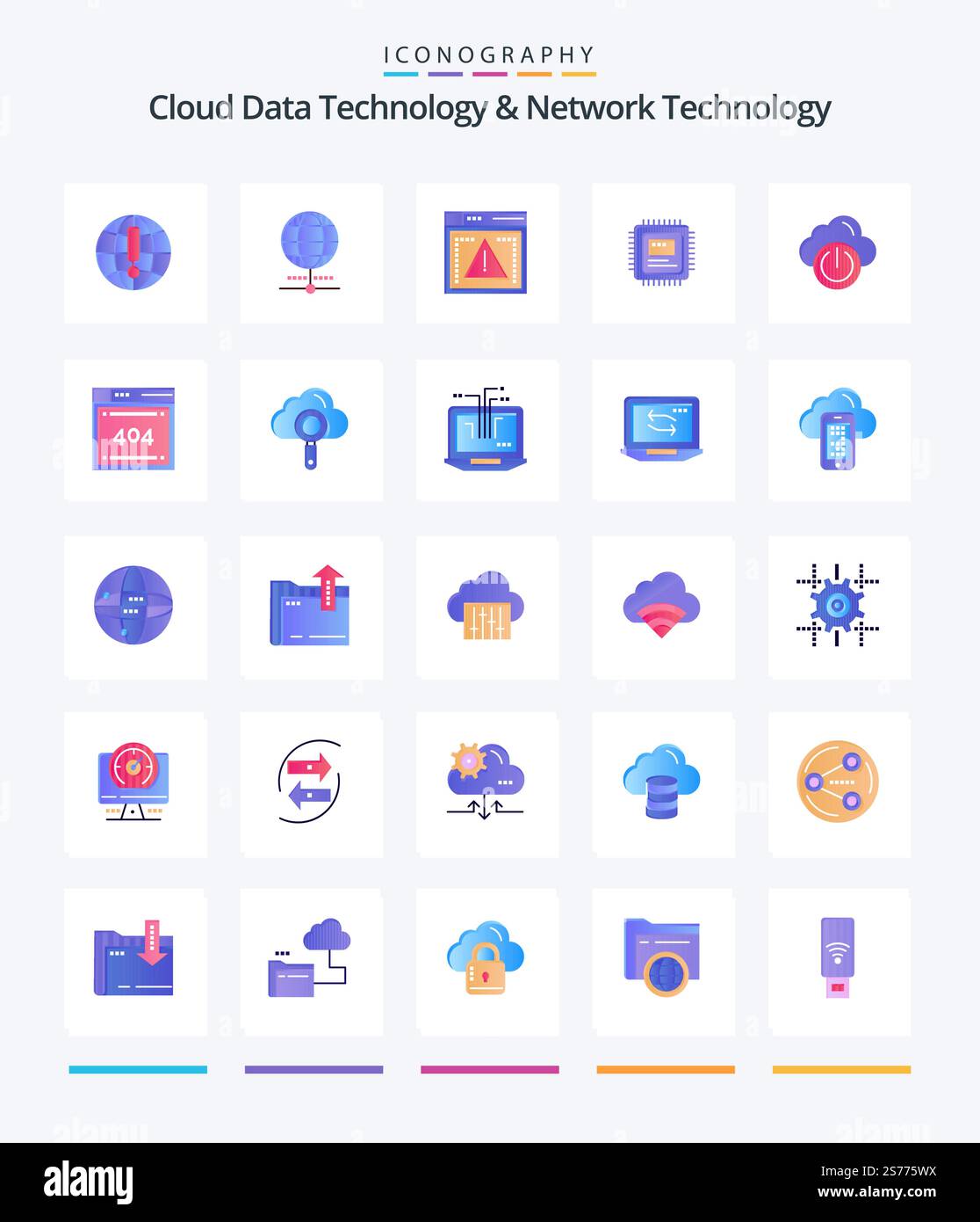 Creative Cloud Data Technology And Network Technology 25 Flat icon pack  Such As computing. off. cpu. network. cloud Stock Vector
