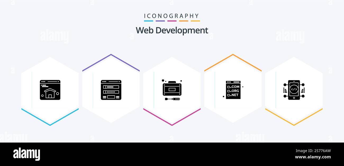 Web Development 25 Glyph icon pack including coding. development. development. com. browser Stock Vector