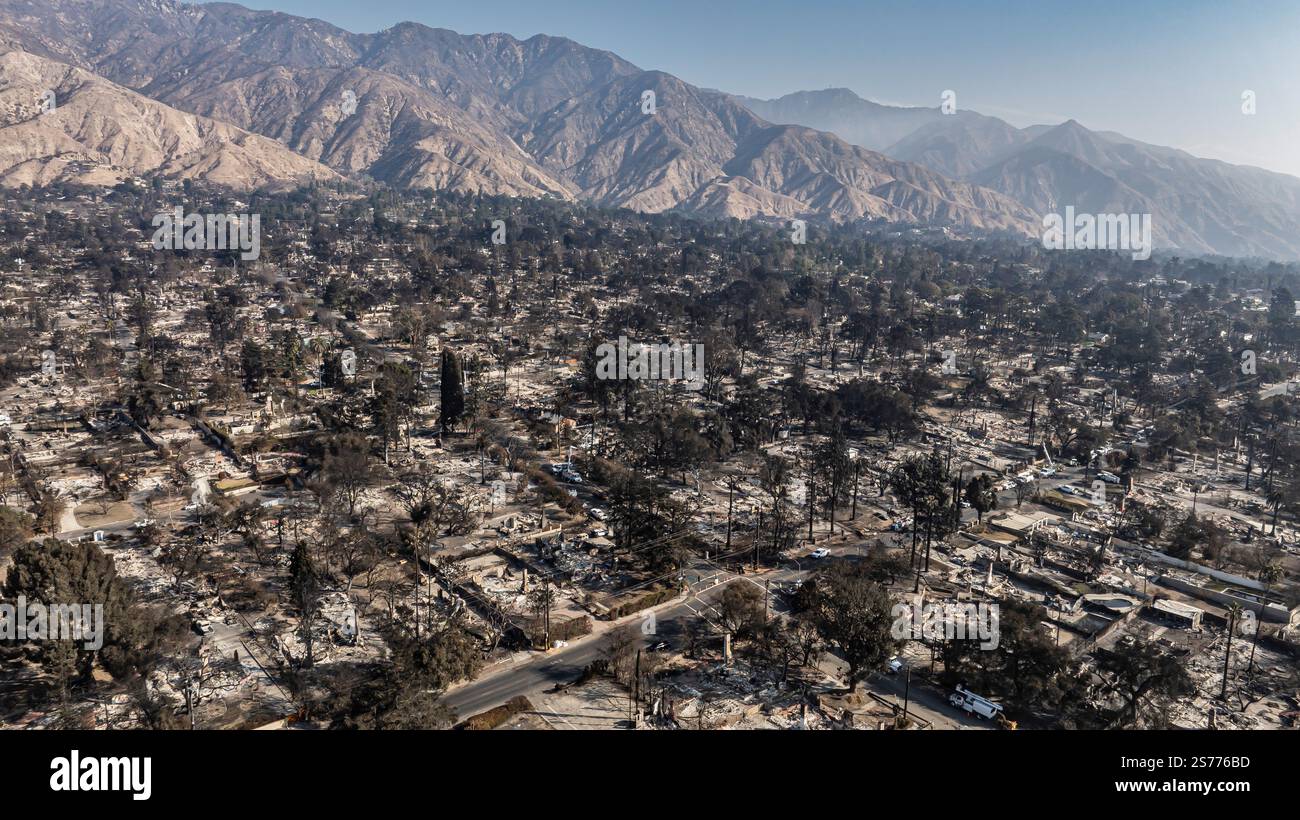 Drone view of the community of Altadena after the Eaton Fire destroyed ...