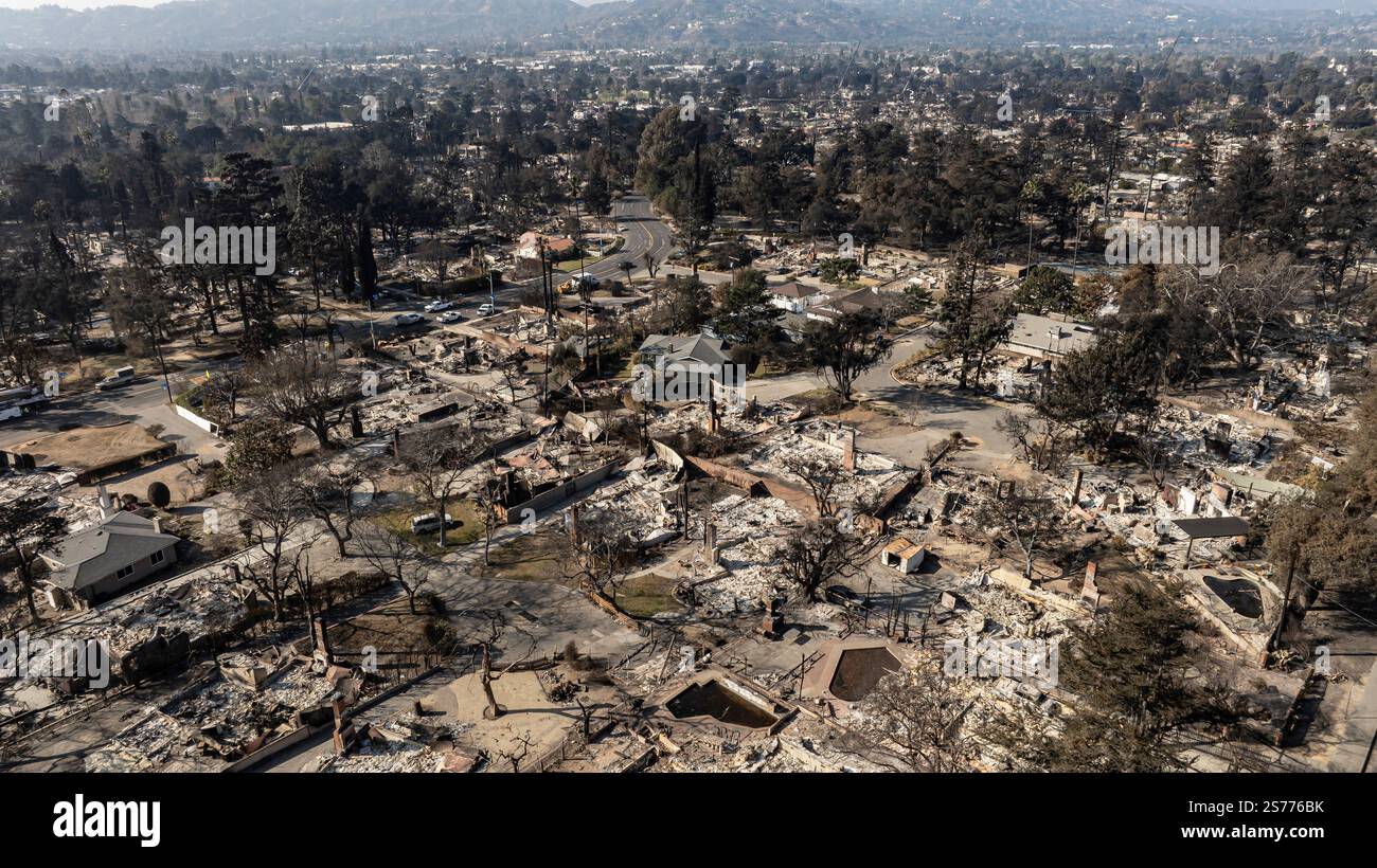 Drone view of the community of Altadena after the Eaton Fire destroyed ...