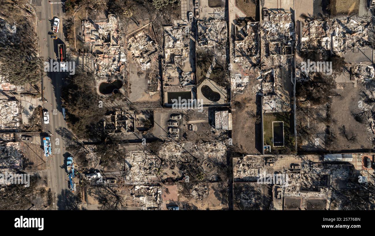 Drone view of the community of Altadena after the Eaton Fire destroyed ...