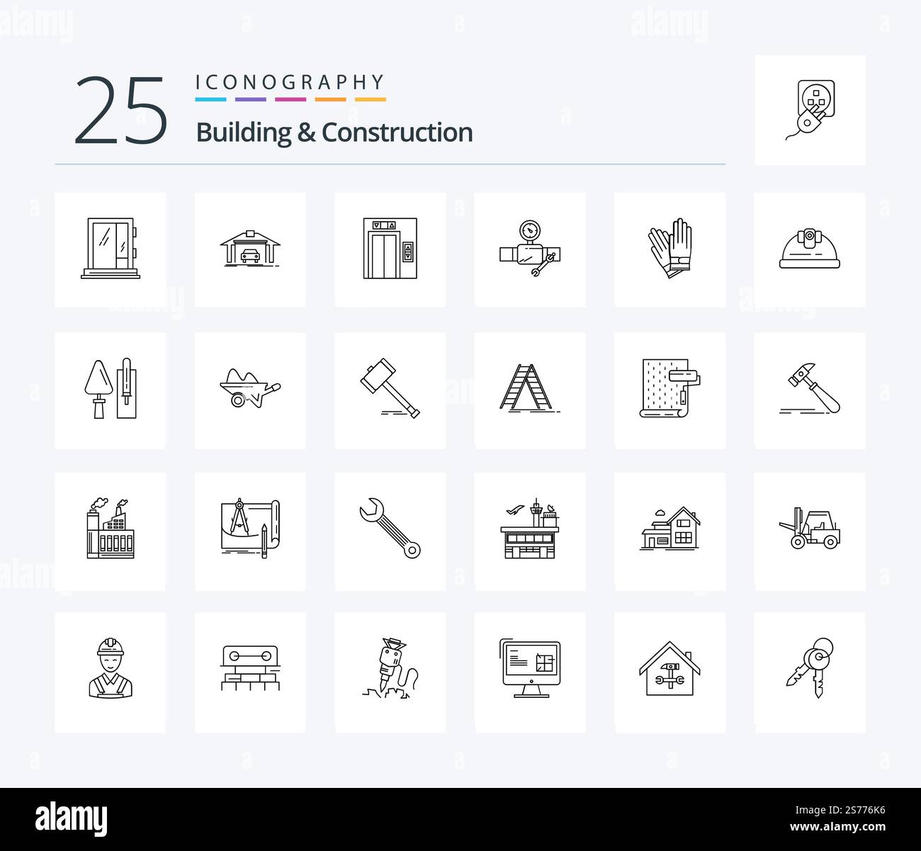 Building And Construction 25 Line icon pack including gloves. repair ...