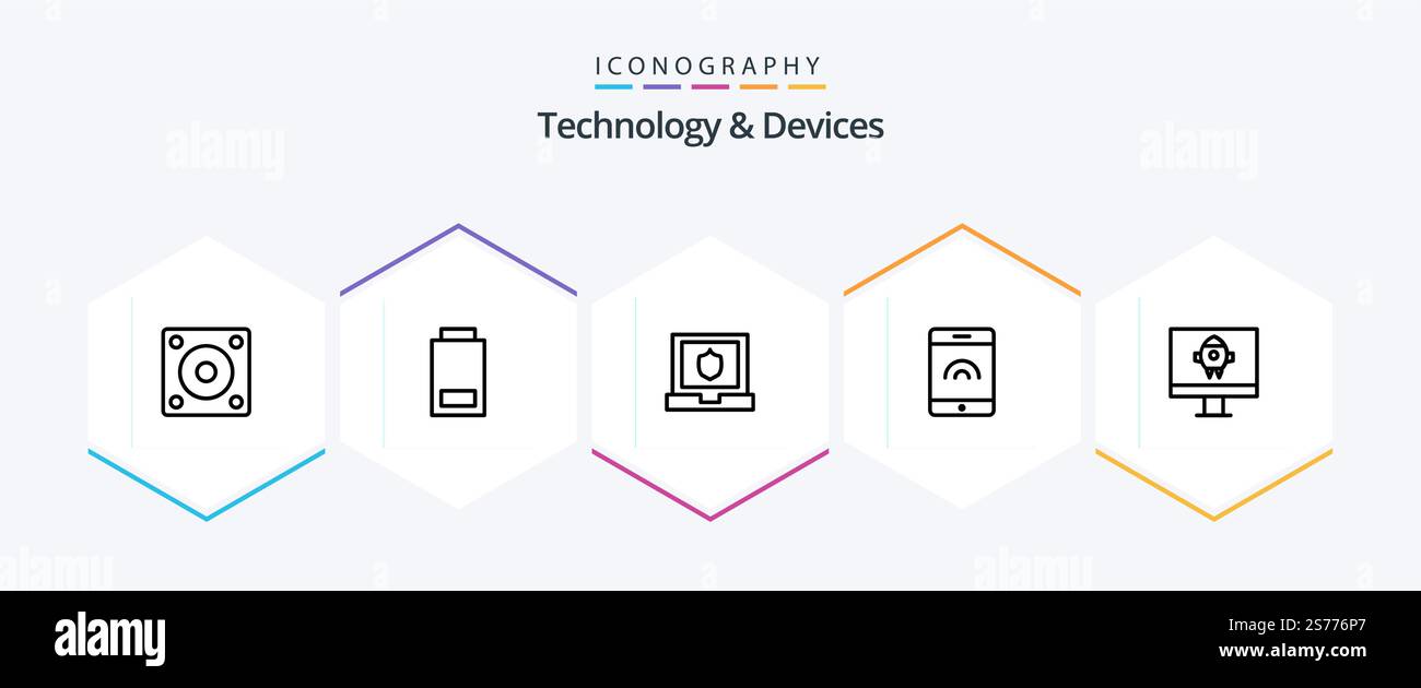 Devices 25 Line icon pack including . startup. laptop. rocket. touch ...