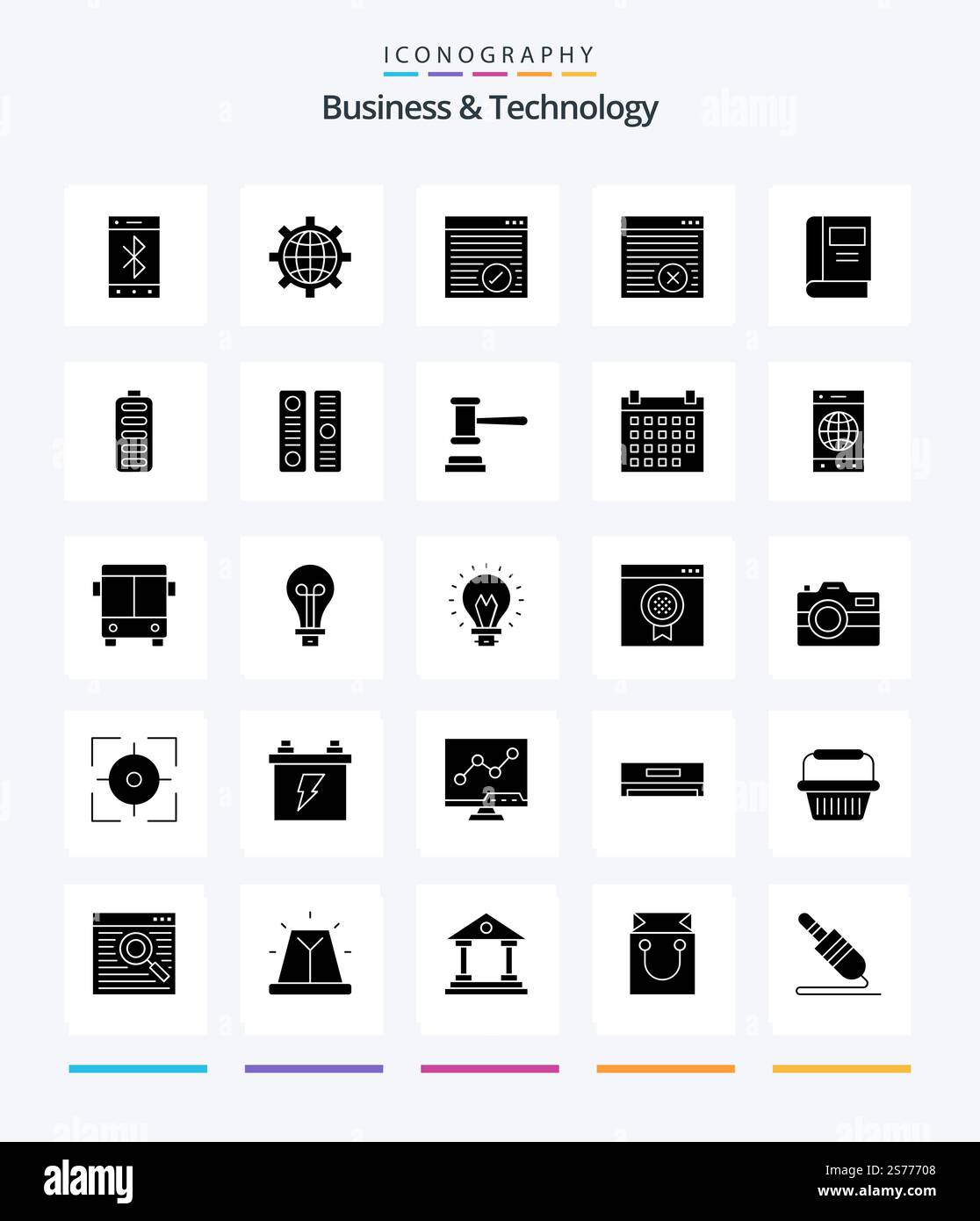 Creative Business & Technology 25 Glyph Solid Black icon pack  Such As battery. read. browser. knowledge. book Stock Vector
