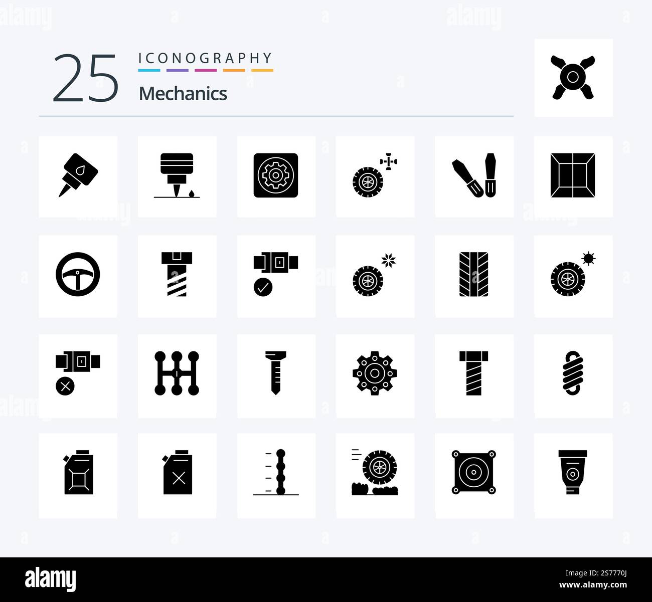 Mechanics 25 Solid Glyph icon pack including steering. scan. car. production. tools Stock Vector